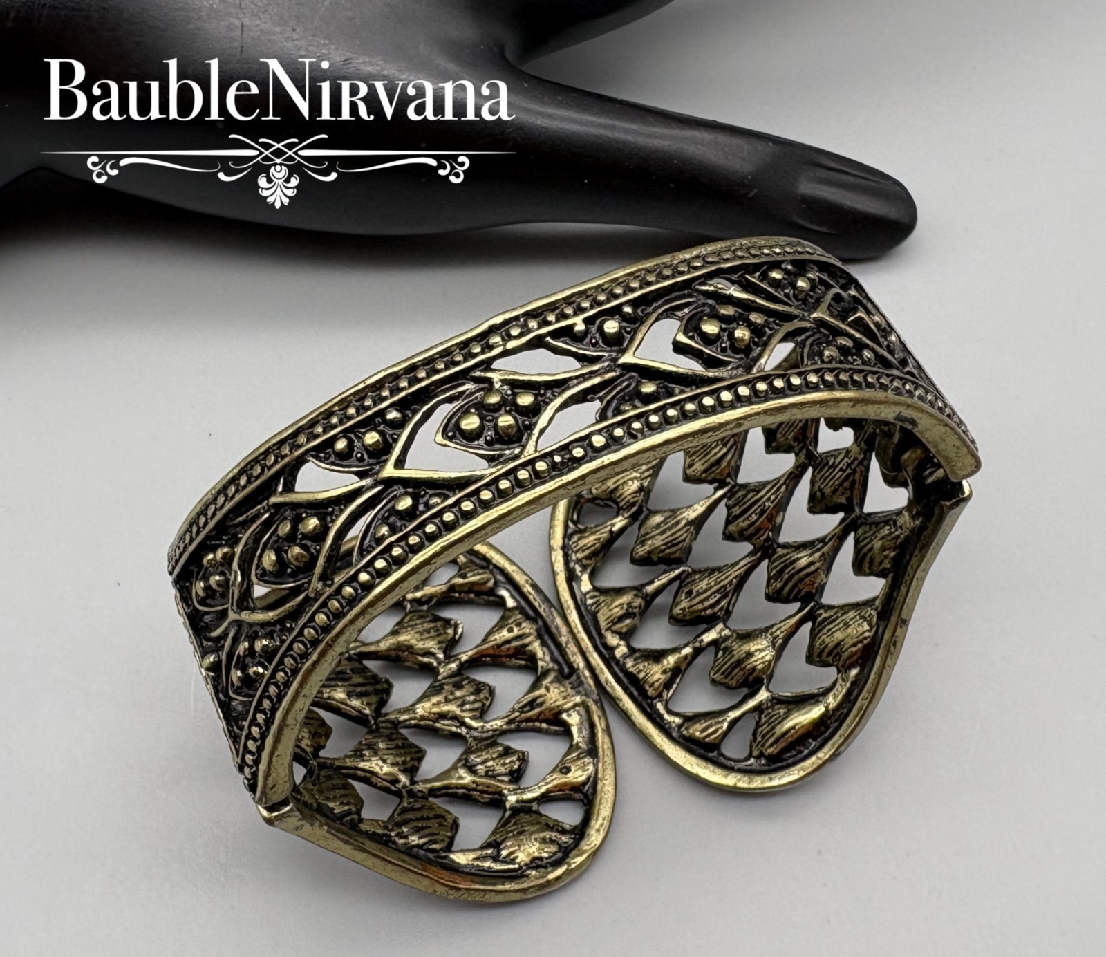 Vintage Extra Wide Gold Tone Pierced Openwork Rhinestones Cuff Bracelet