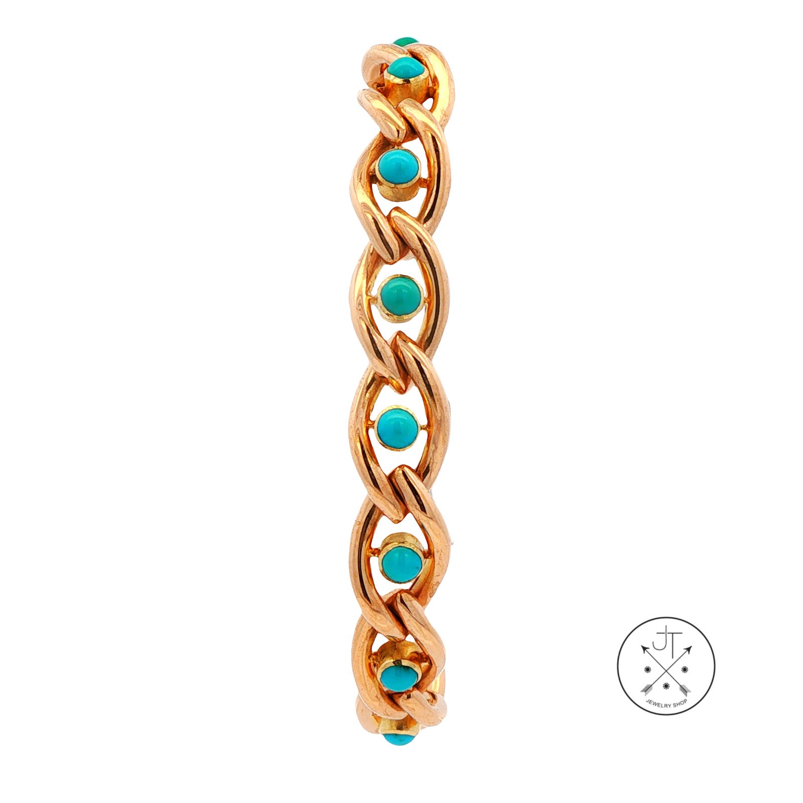 Antique 15k 15ct Yellow Gold Victorian Curb Link Bracelet with Turquoise 7.25 in