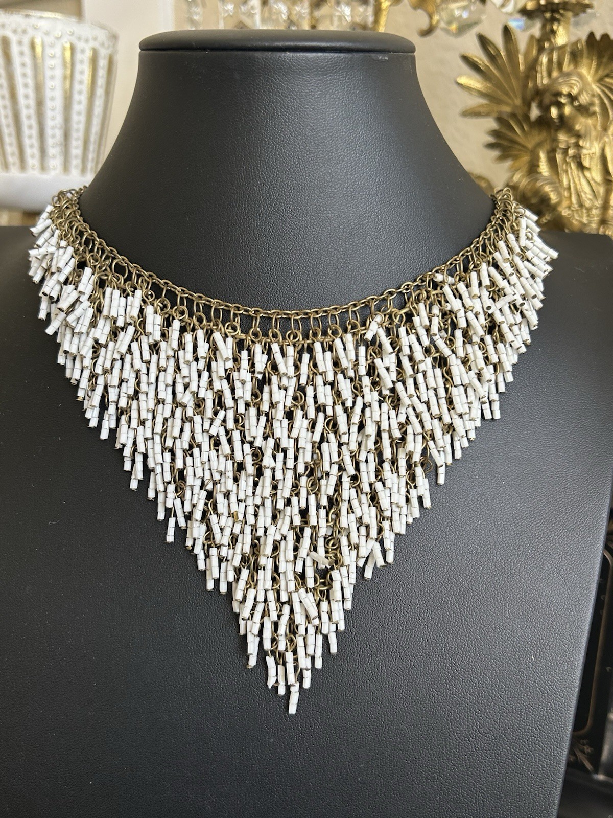 Vintage White Bugle Bead Multi Layered Dangle Fringe Bib Necklace
