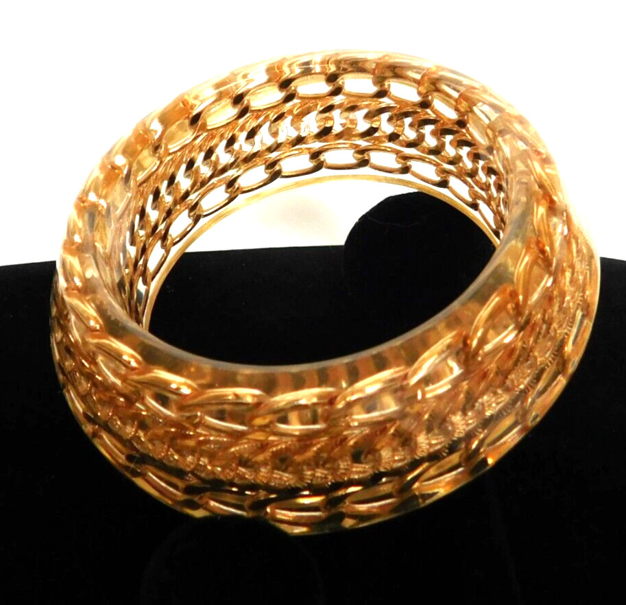 VTG Clear Resin with Embedded Metal Linking Chain Bangle Bracelet