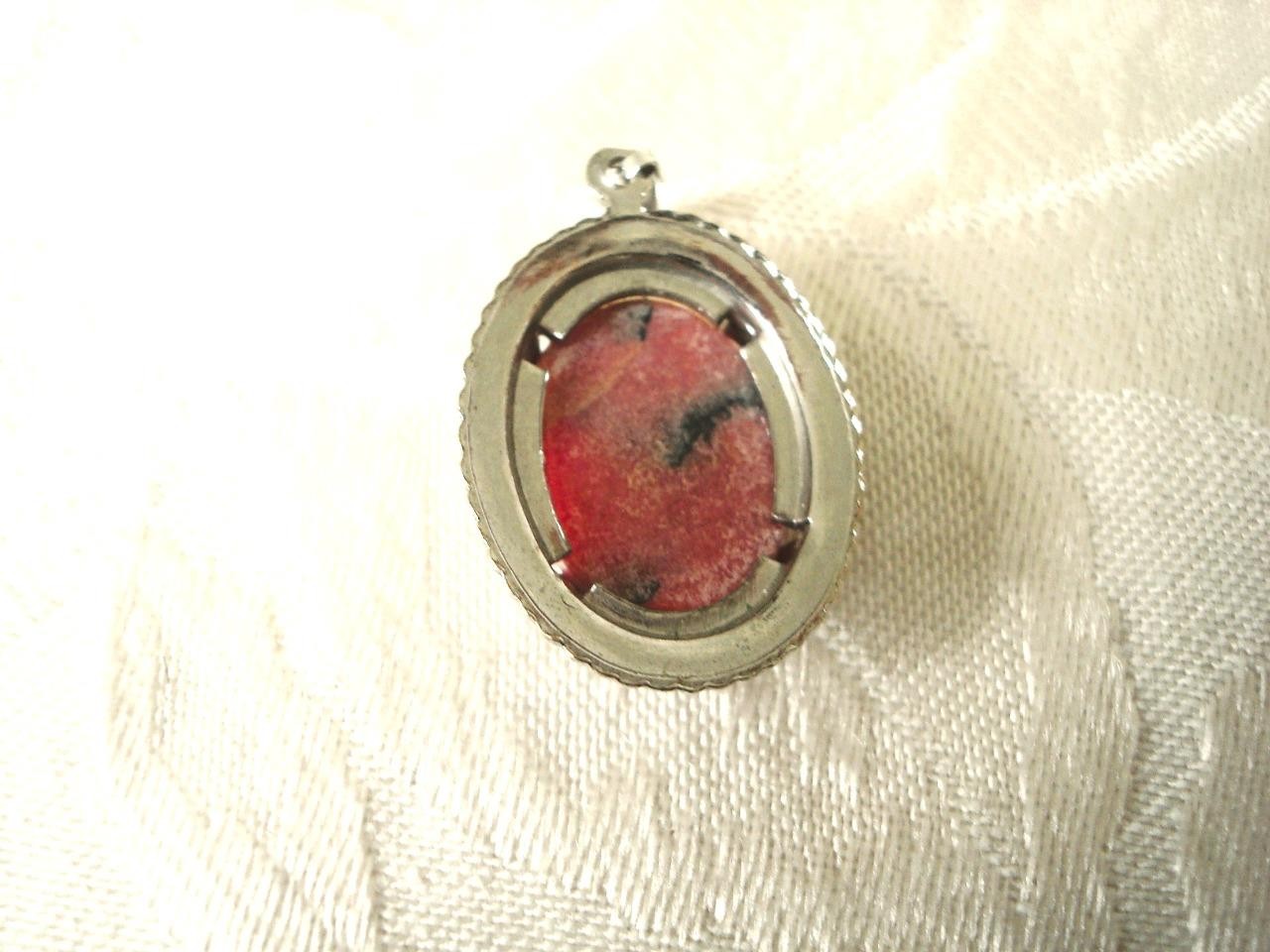 Vintage Silver tone Pendant With Marbled Pink Black Polished Stone 3/4 x 1 In.