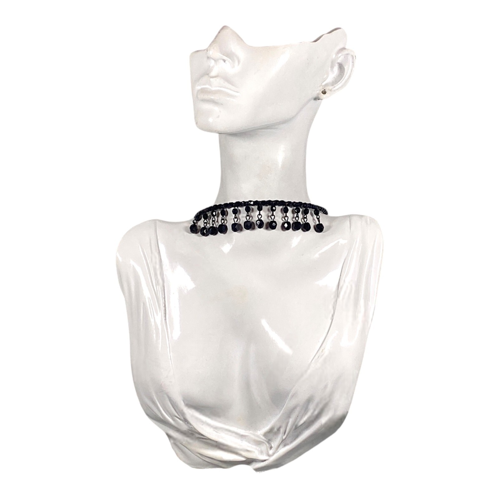 Victorian Revival Choker Necklace 16″ Black Glass Wire Dangle MCM VTG Witch Goth