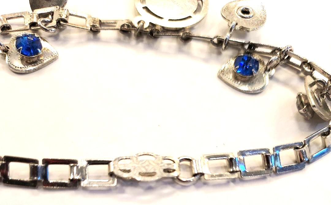 Vtg Sterling Silver Shamrock Bracelet w/Gem Heart Charms Double Flower Box Lock