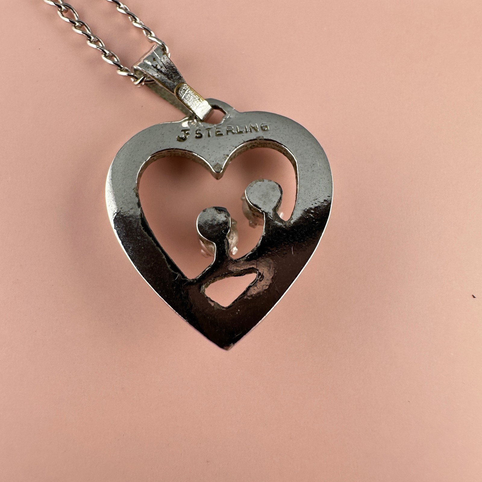 Vintage Sterling Silver Rhinestone Heart Pendant Necklace 925 Chain 16″ Signed