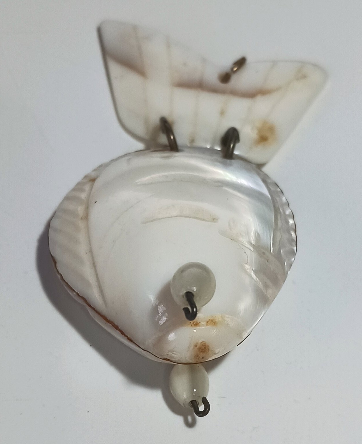 Vintage Large Articulated Fish Pendant Made of Carved Shells & Wire