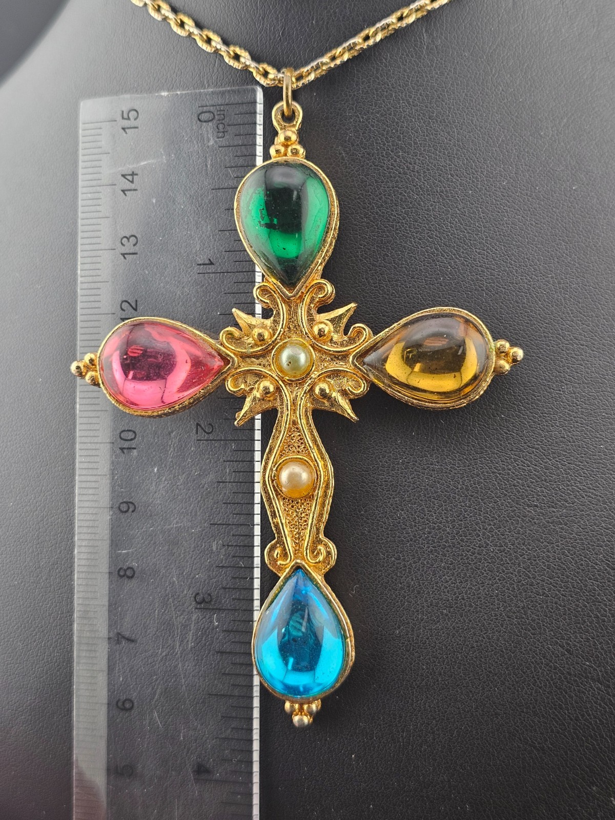 Vintage Signed Jem 1971 Jelly Belly ✝️Cross 3.5″ Pendant 24″ Necklace Gold Tone