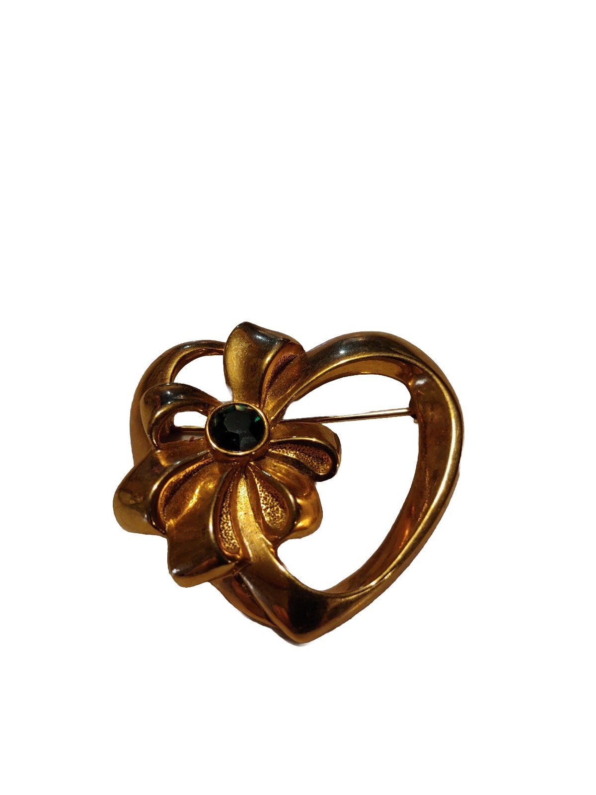 Vtg. Avon Heart Bow Brooch, May Emerald Green Birthstone, Gold Tone