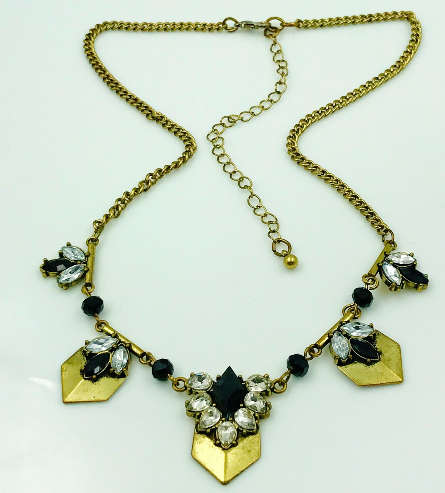 ART DECO REVIVAL NECKLACE NEW BLACK CLEAR CRYSTAL ACRYLIC BRASS TONE LAST ONE