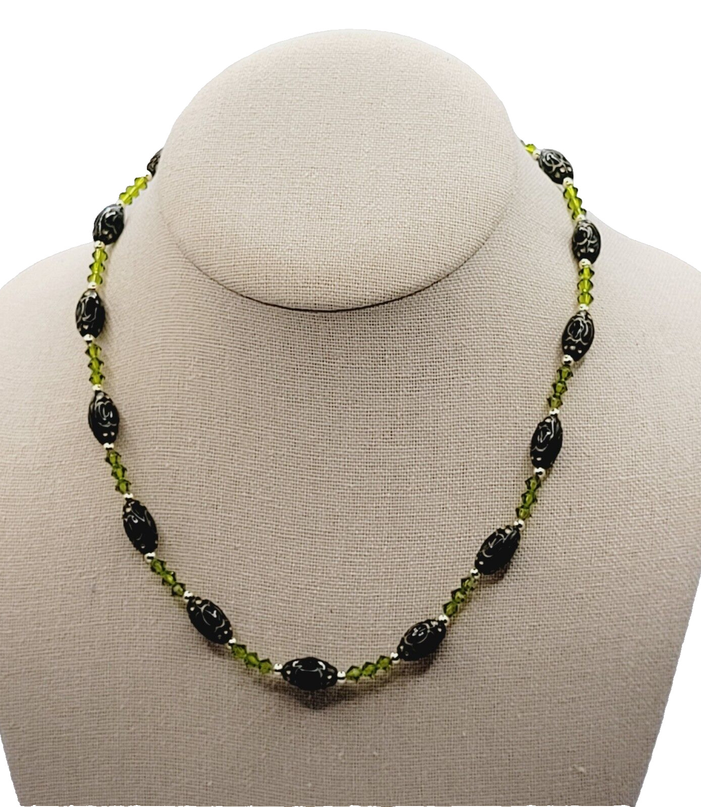 Green Art Glass Crystal Vintage Necklace Light & Dark Green Shades Gilded Beads
