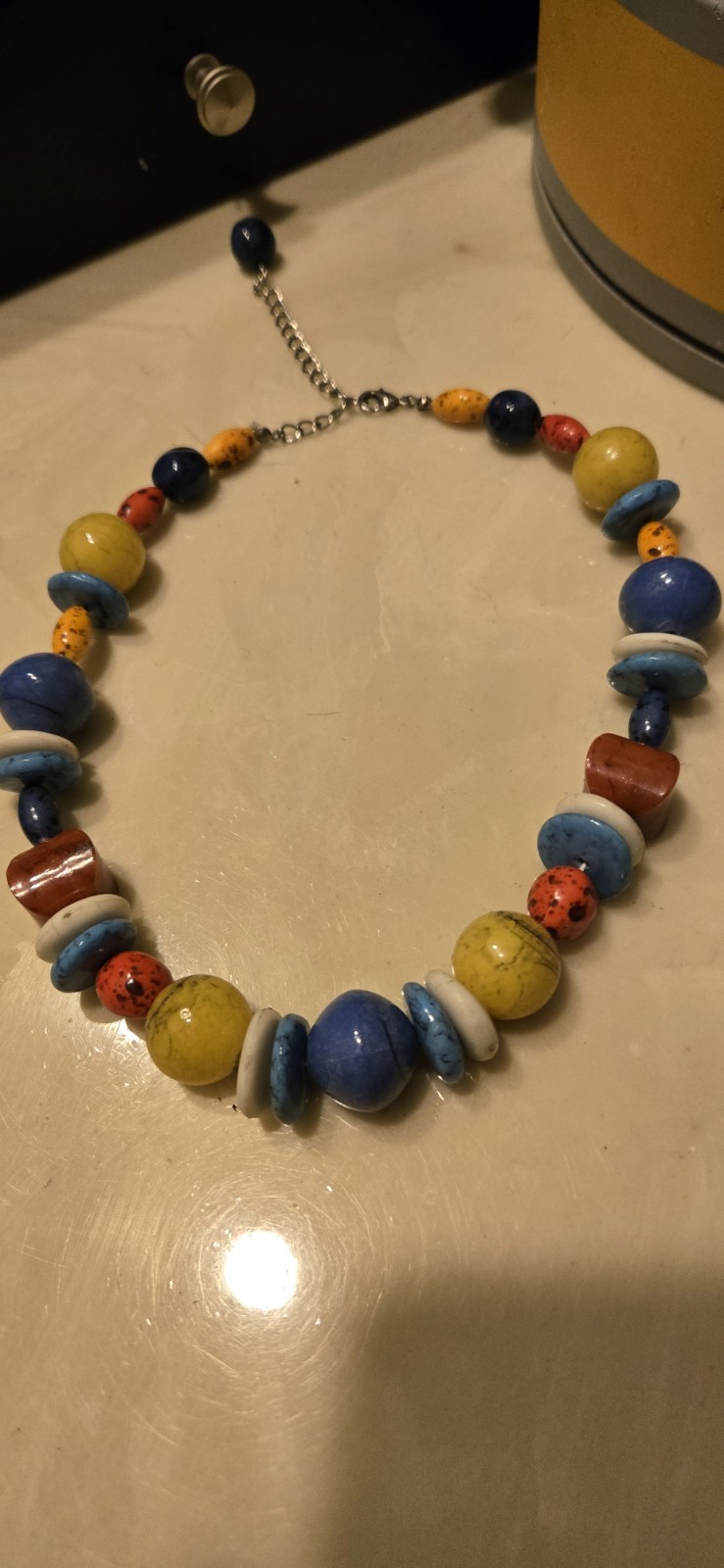 Vintage Acrylic?Glass? Statement 16″ Necklace Blue Yellow Red Lobster Clasp