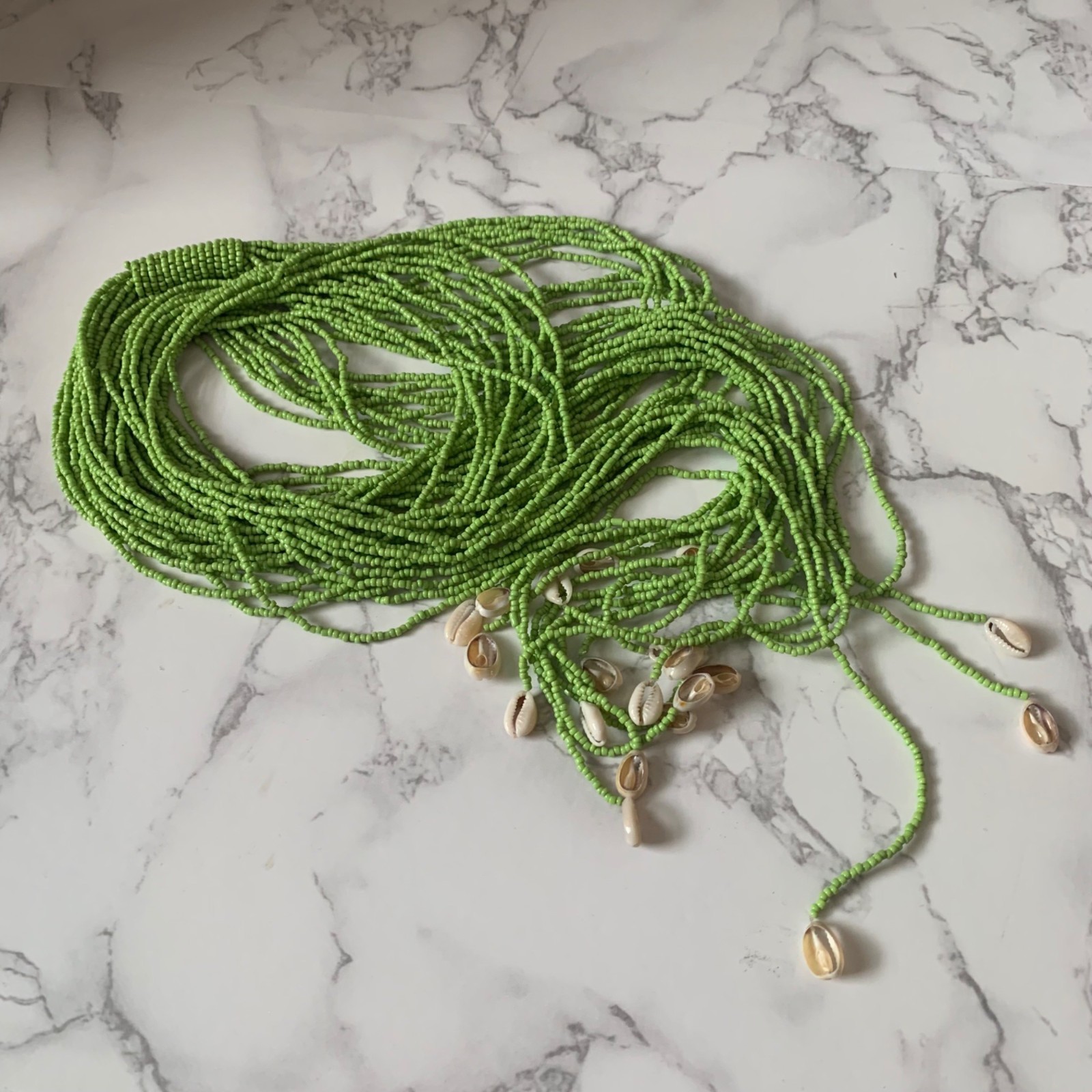 Handmade Wrap Scarf Necklace Multi-Strand Green Glass Beaded Shell Beach 60″ Vtg