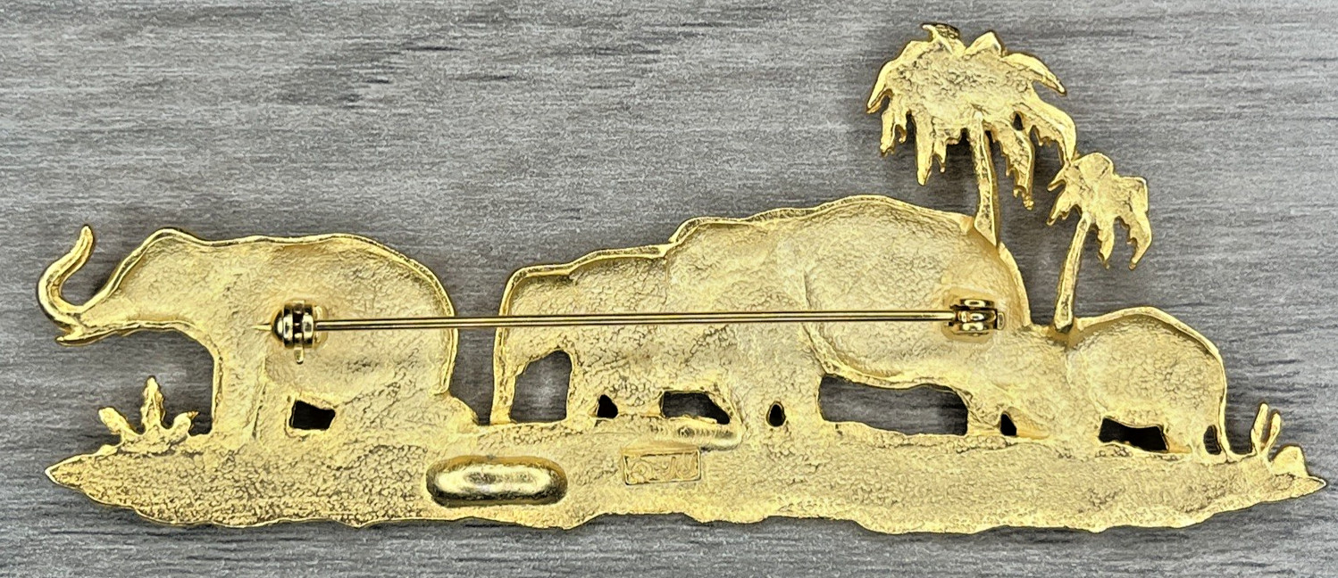 Vintage Huge JJ Jonette Elephant Family Walk Palms Safari Pin Brooch Gold Tone