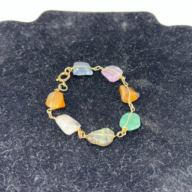 Wire Wrapped Gem Stone Bracelet 7 Stones Station Link Gold Tone Vintage 6″