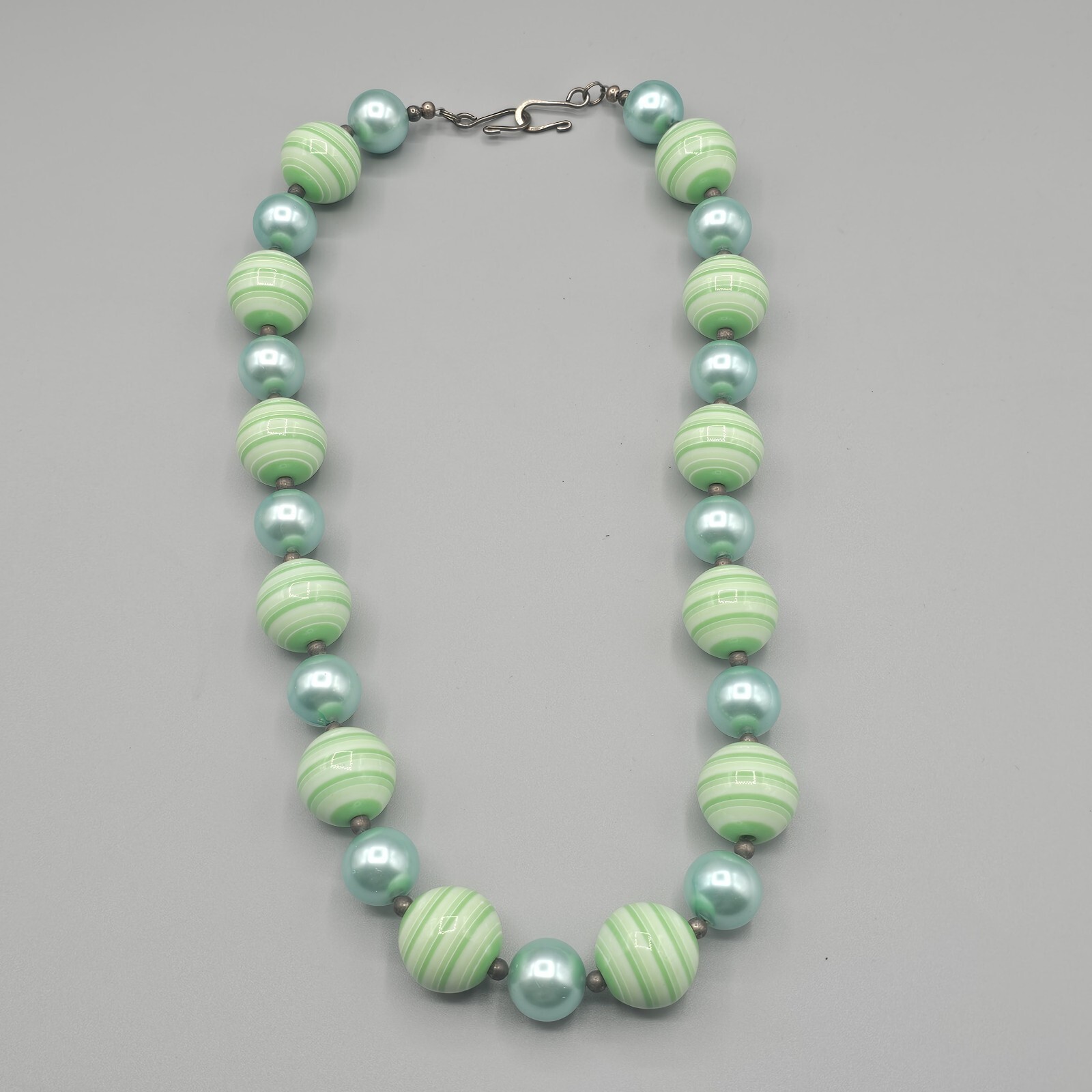 Vintage Gumball Bead Necklace Green Stripe Blue Metallic SIngle Strand 22″
