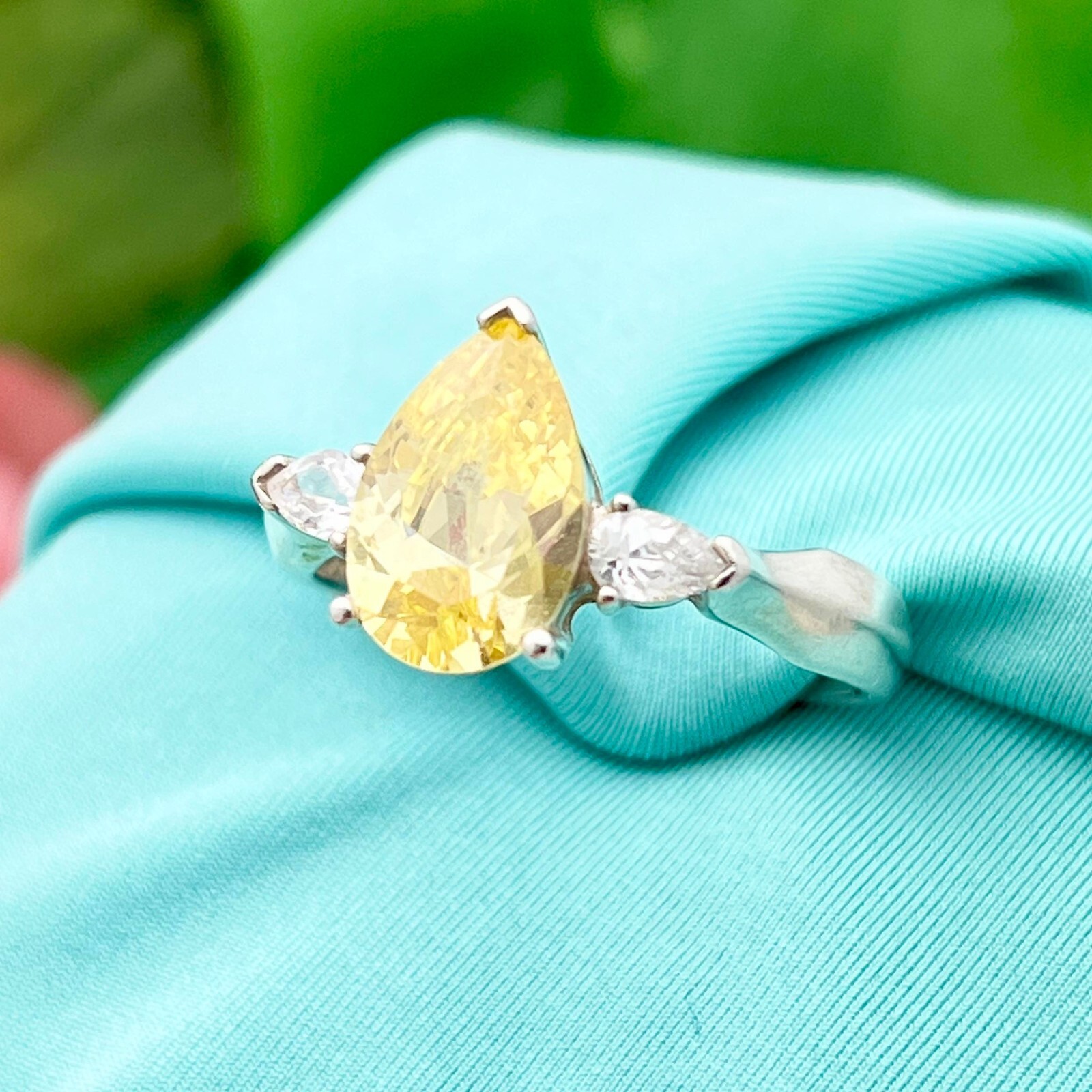 Sterling Silver 3 Carat Teardrop Yellow Citrine & Cubic Zirconia Ring-Vintage