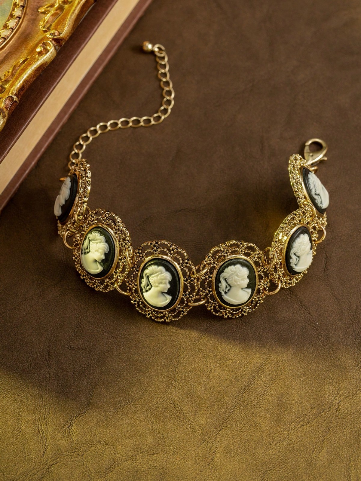 Vintage Black Cameo Portrait Bracelet Victorian Style Adjustable Link Unique