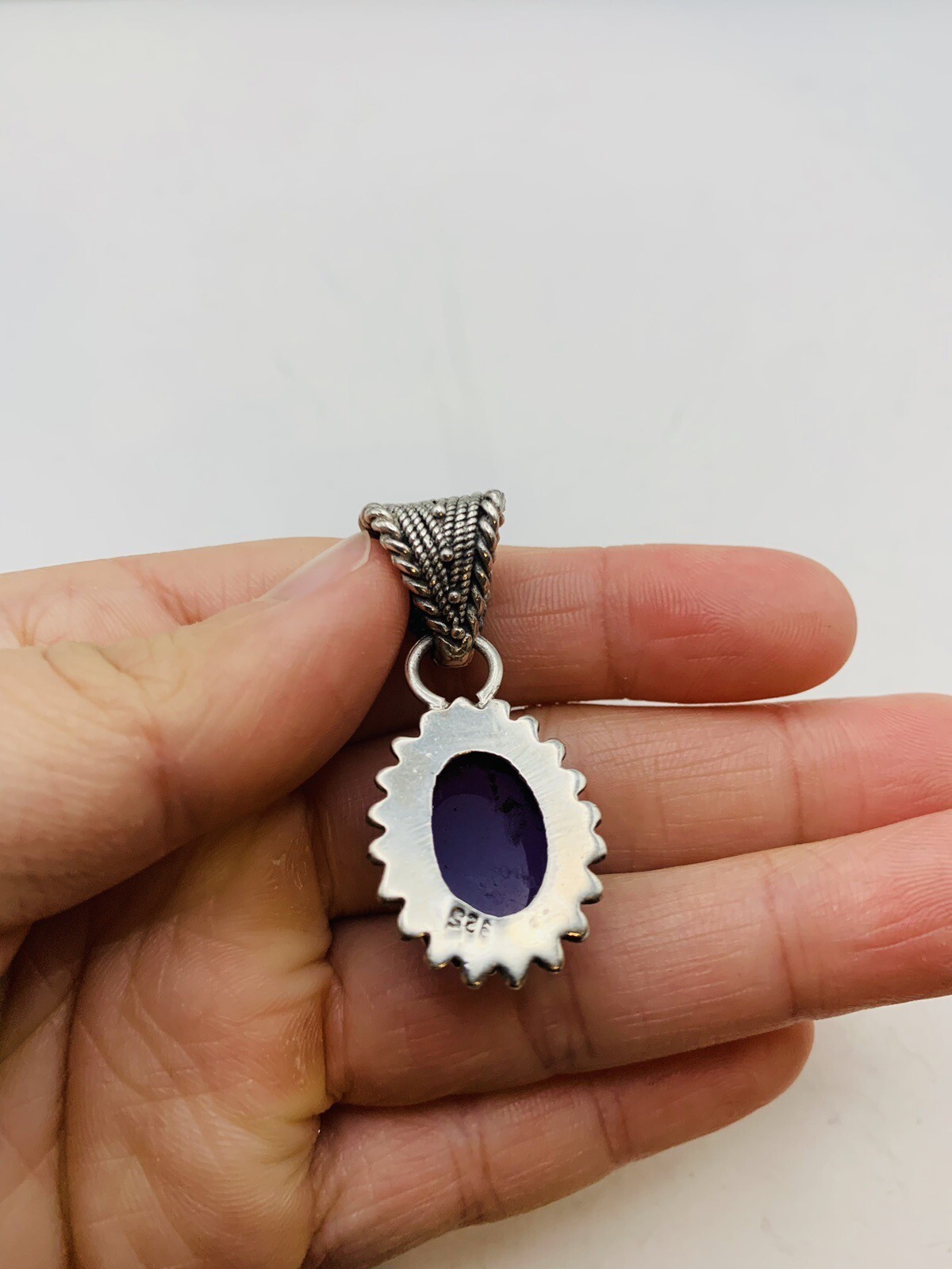 Vintage Sterling Silver Bohemian Purple Blue Oval Dainty Natural Stone Pendant