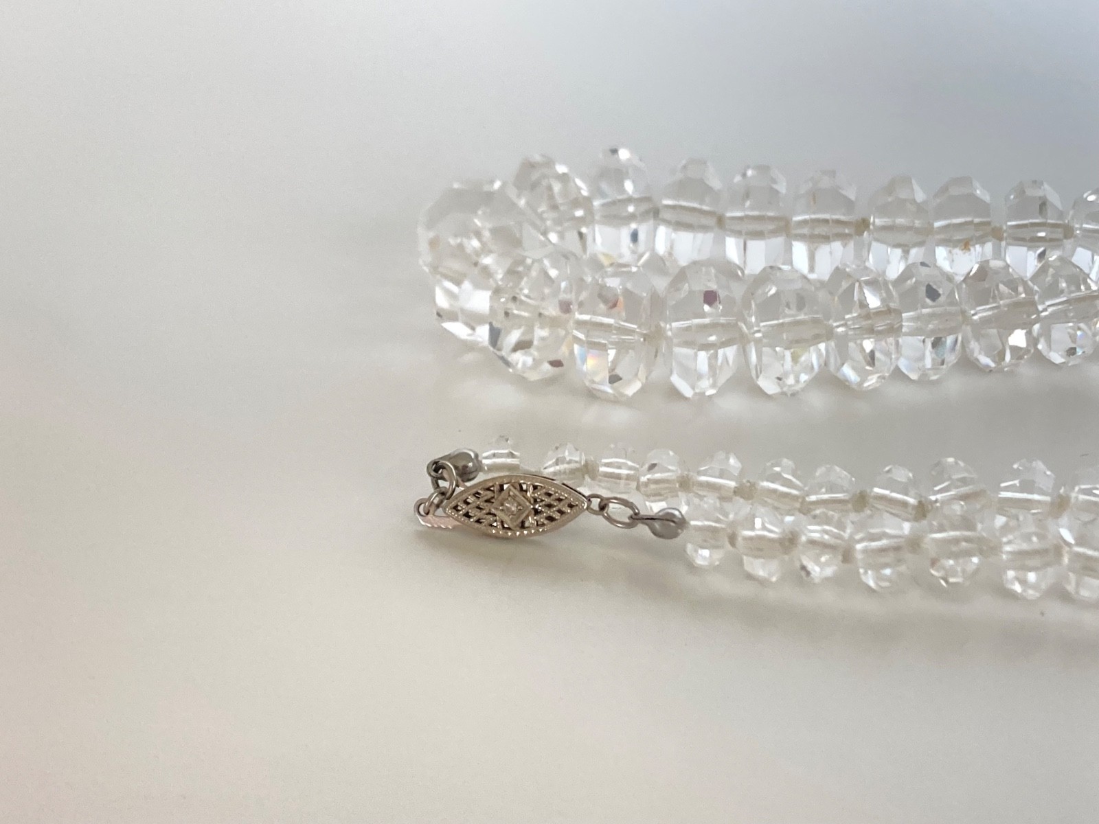 Art Deco Rock Crystal Graduated Hand Knotted 14k Diamond Clasp