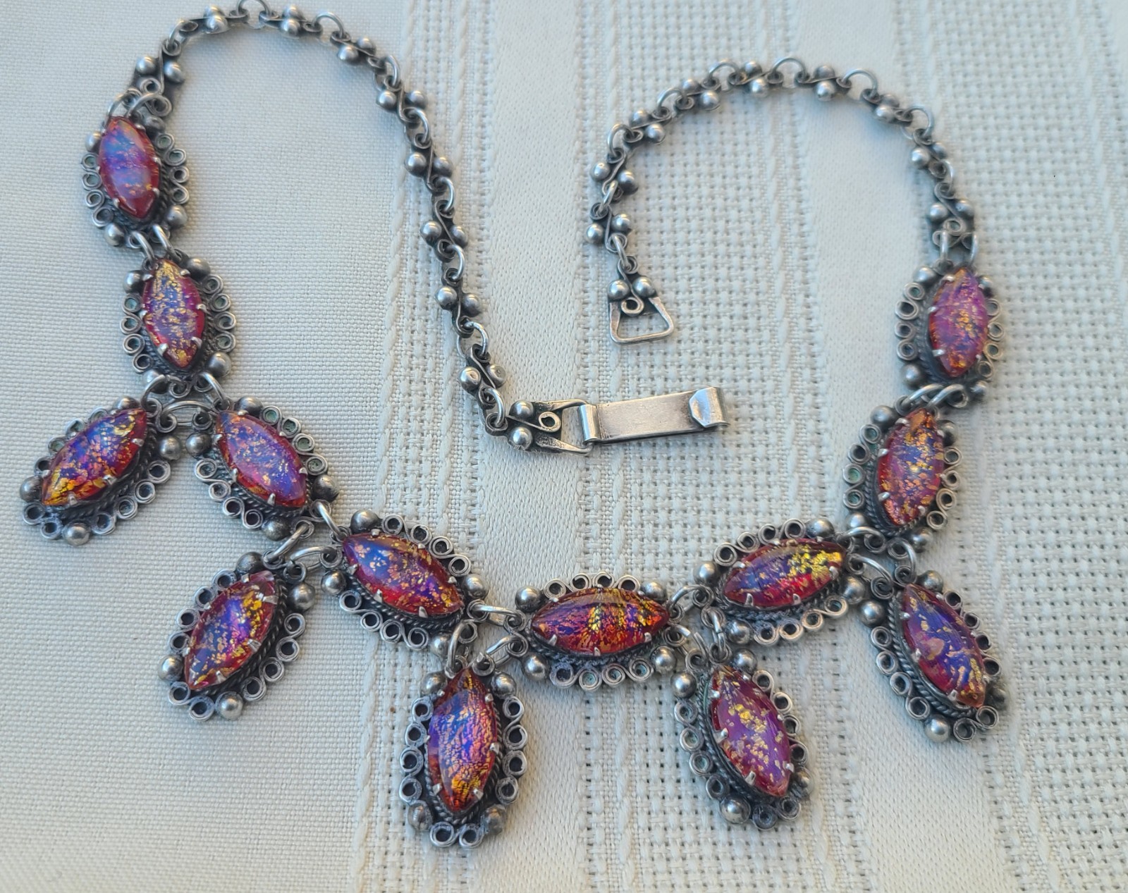 Vintage Sterling Silver Dragon’s Breath & Gold Foil Glass Jelly Opal Necklace