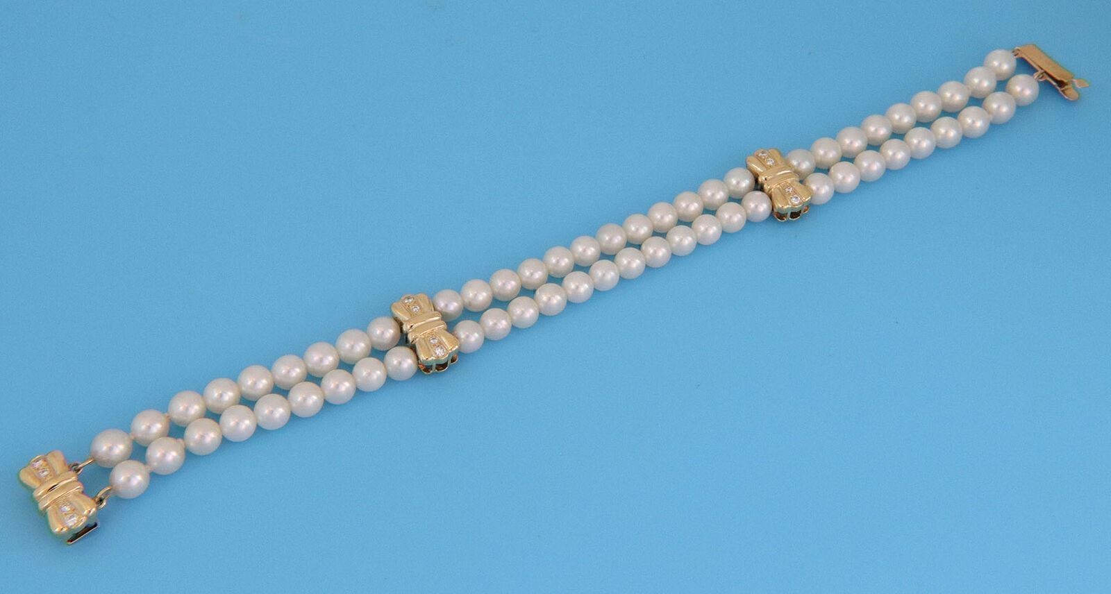 Mikimoto Pearl & Diamond 18k Yellow Gold Bow Motif Two Strand Bracelet