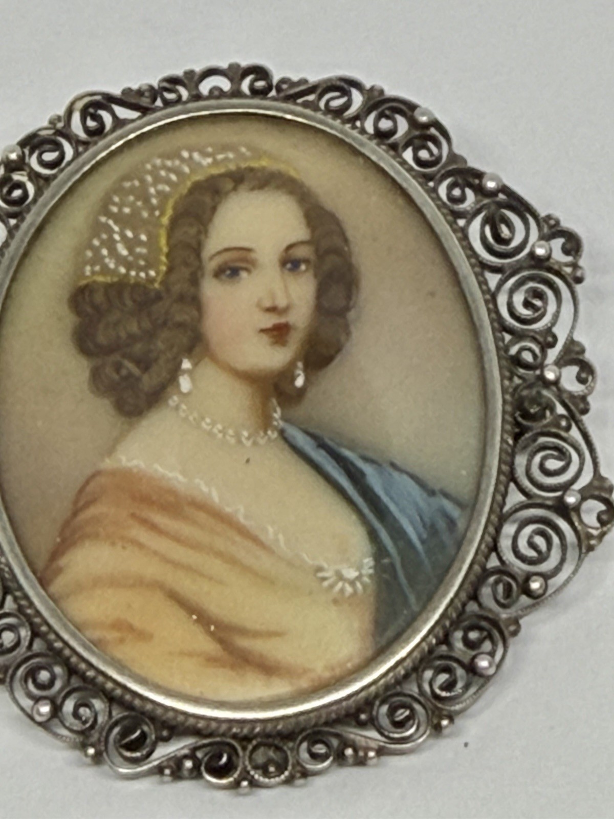 Vintage Renaissance Lady Portrait Hand Painted Miniature Brooch 800 Silver