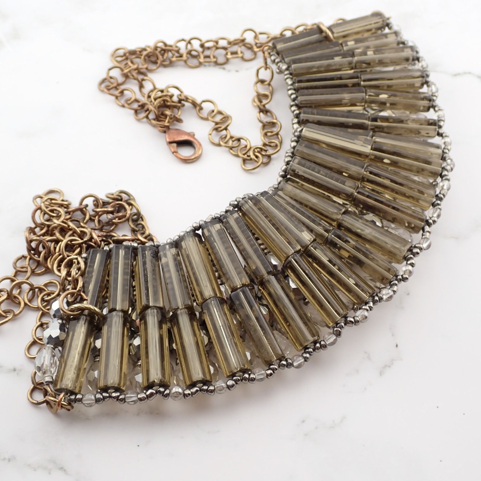 VTG 1 3/4″ Wide Crystal Seed Bead Tubular Bib Reversible Copper Tone 18″ Necklac