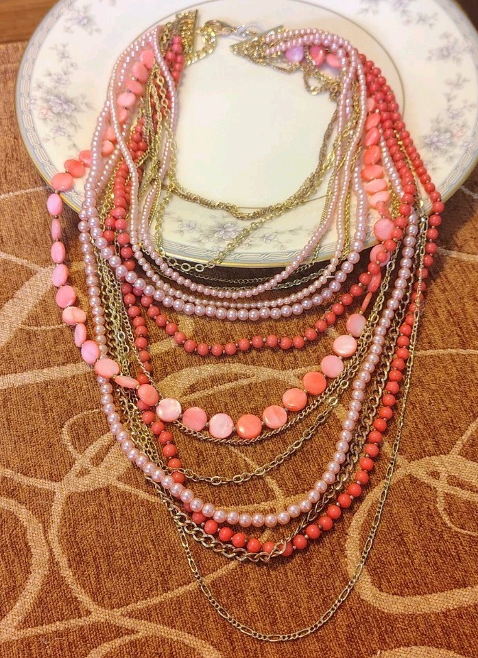 VTG Park Lane Faux Coral Gold Tone Waterfall Necklace Peach Shell Multi Strand