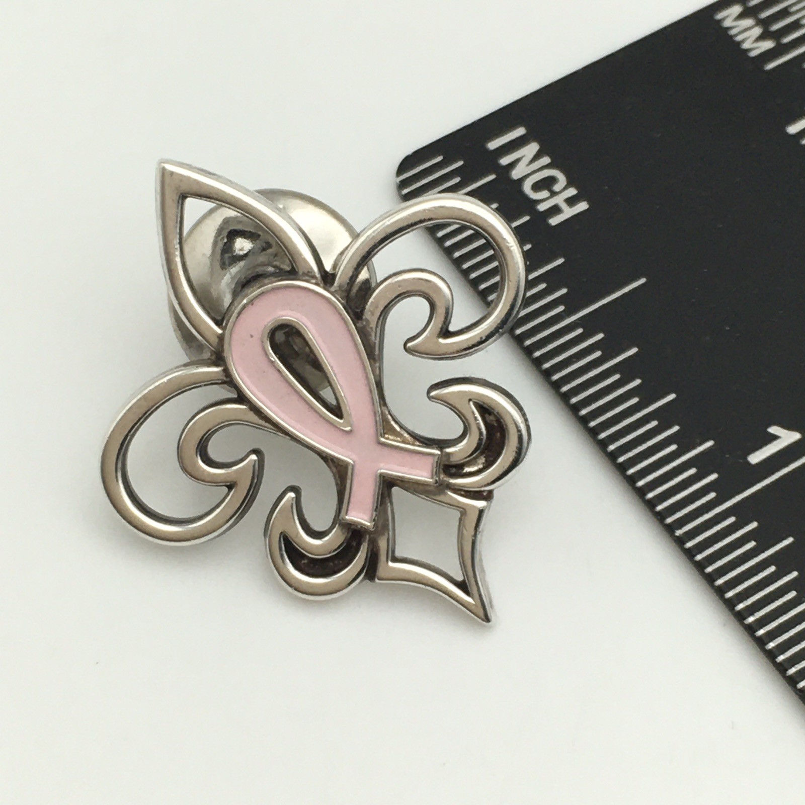 Vintage Sterling Silver Pink Breast Cancer Ribbon Fleur De Lis Pin Tack 3.3g #58