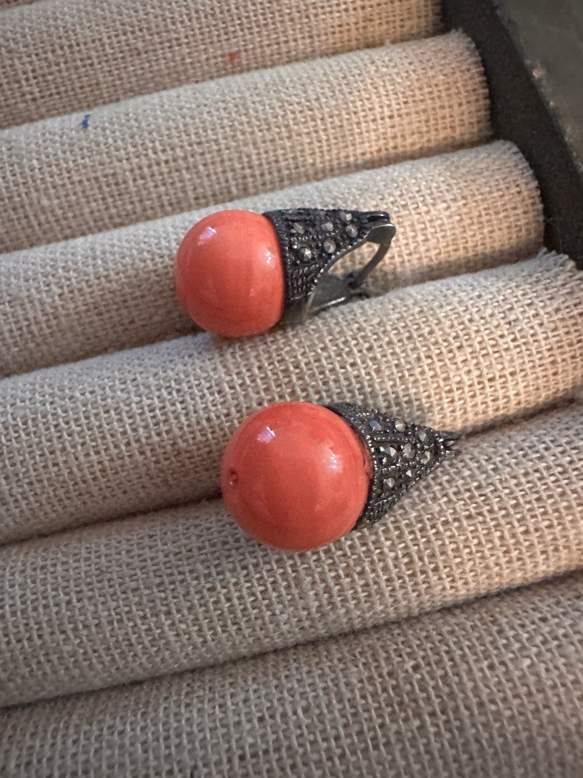ART DECO STERLING SALMON CORAL BEAD MARCASITE HUGGIE LEVERBACK EARRINGS