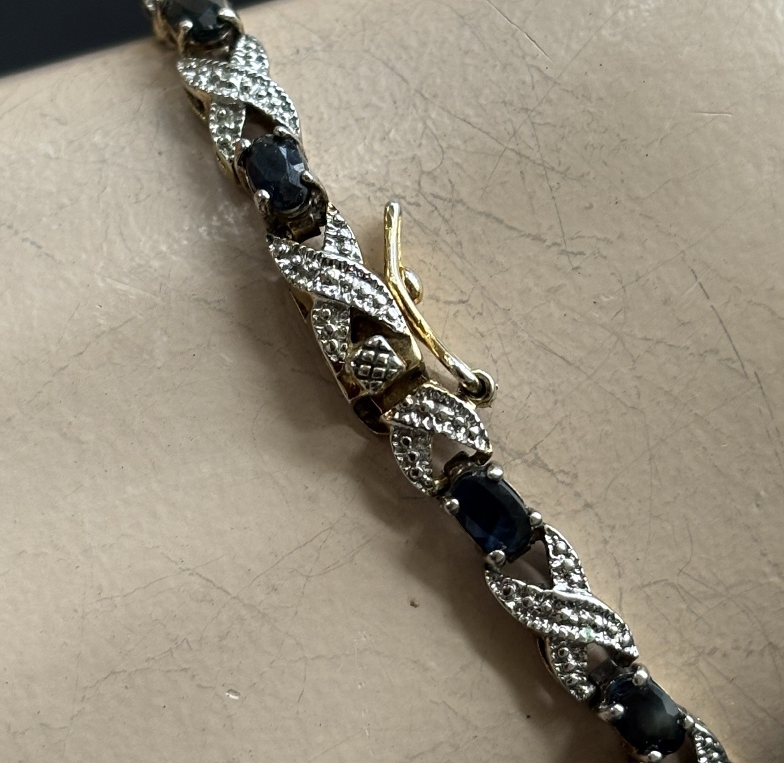 DBJ Bracelet Sterling Silver 925 Gold Tone Deep Blue Crystals 7.25” L 3/16”
