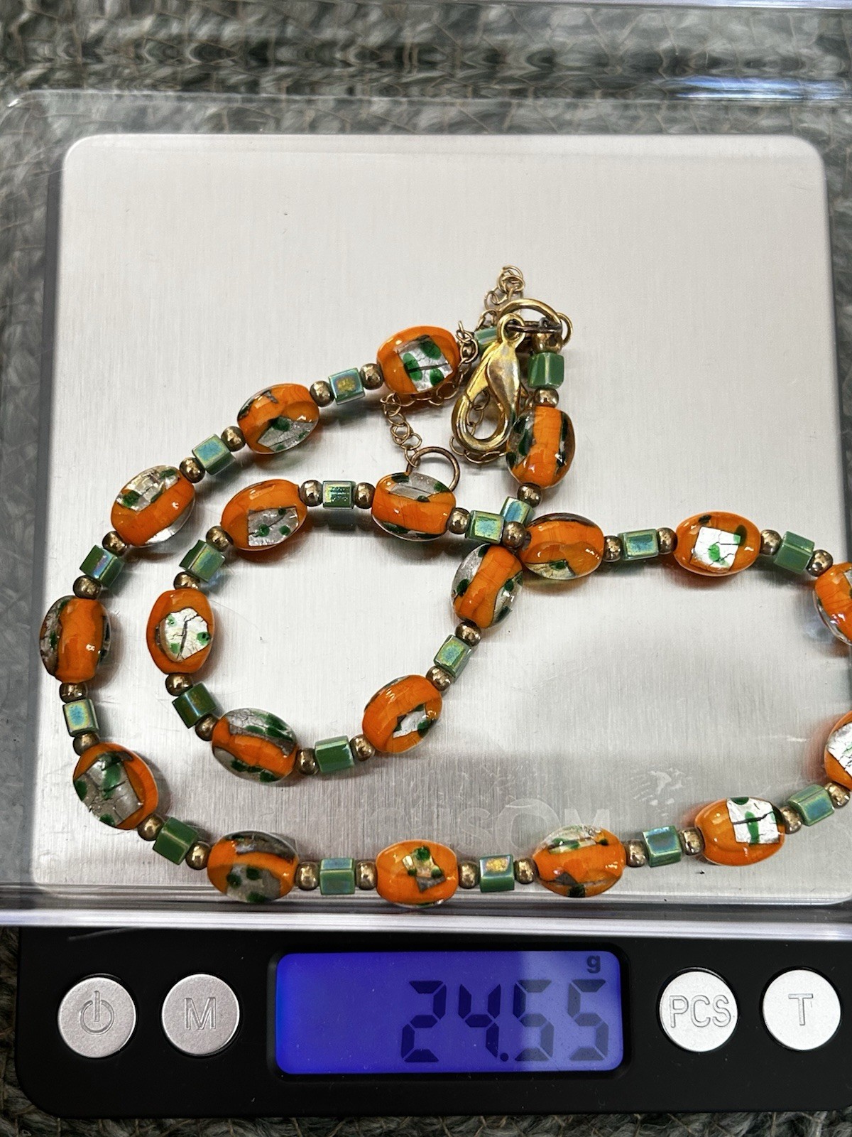 Vintage Orange Foil Art Glass Bead Necklace Green Spacers Murano Style Italy