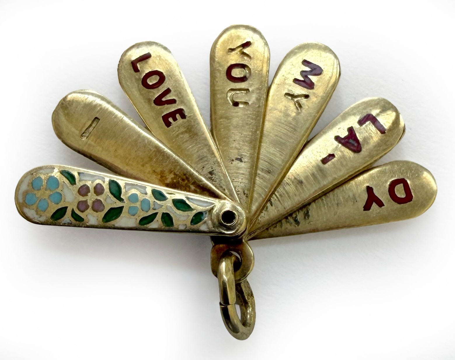 Rare 1930s 14K Gold Enamel Fan Charm Opens Secret Love Message Art Deco