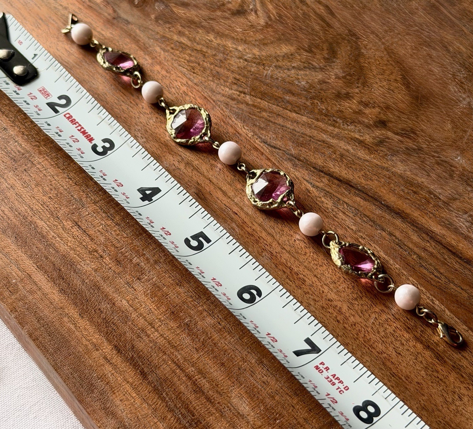Paired Gold Tone Pink Stone Pearl Bracelet & Heart Dangle Pierced Earrings Korea