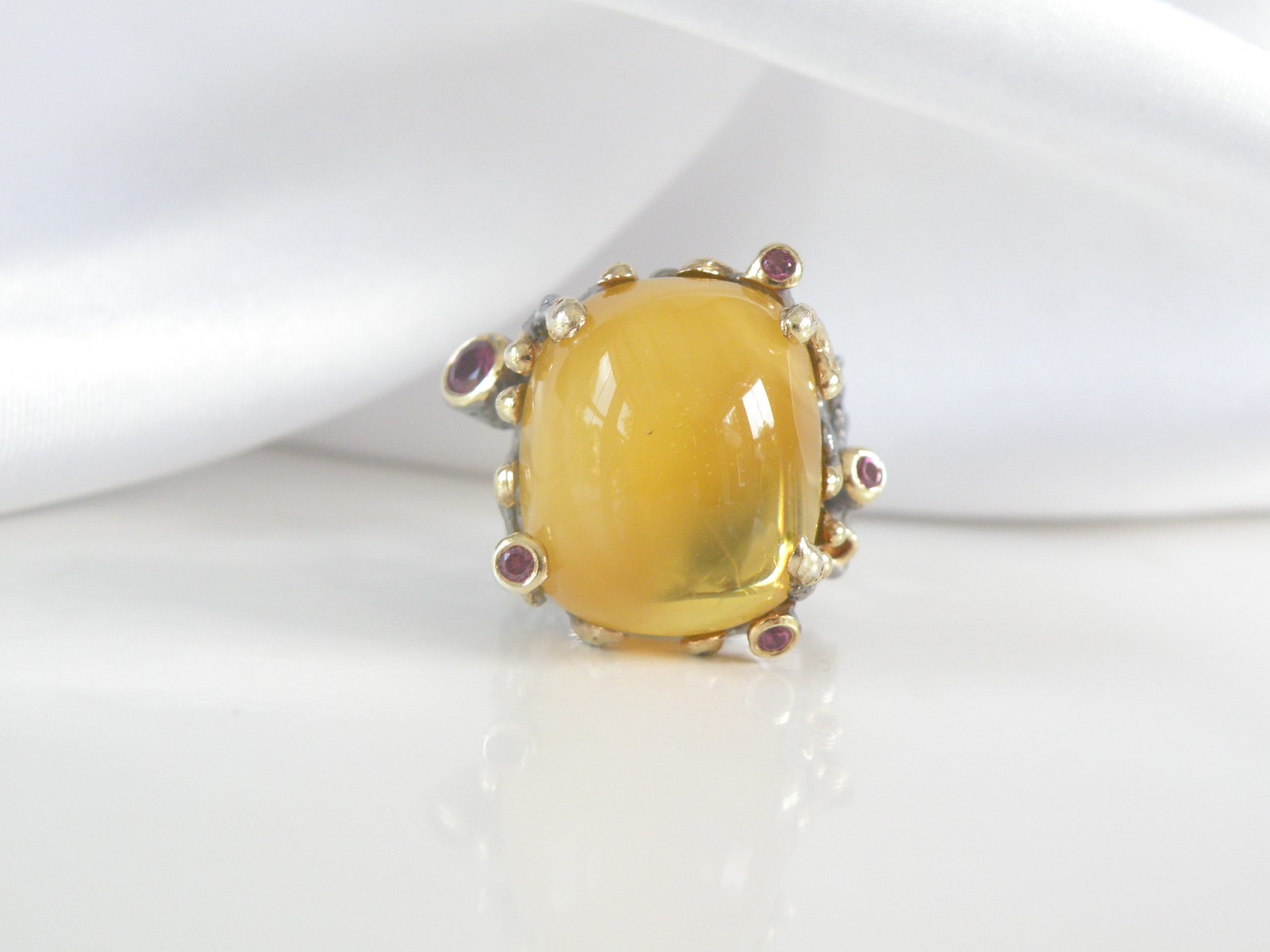 Brutalist Sterling Silver 925 Huge Butterscotch Amber Modern Statement Ring 7.5