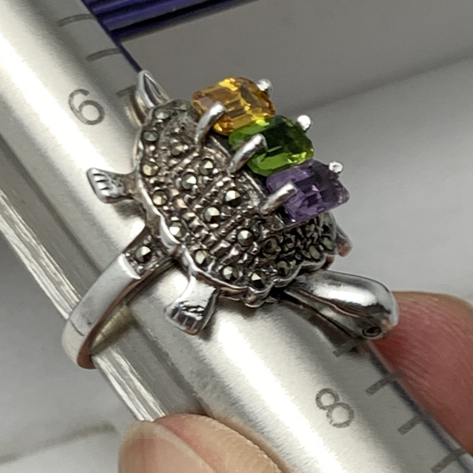 Vtg Turtle Ring w Moving Head 925 Sterling Silver Multi Colored Gem / Marcasite