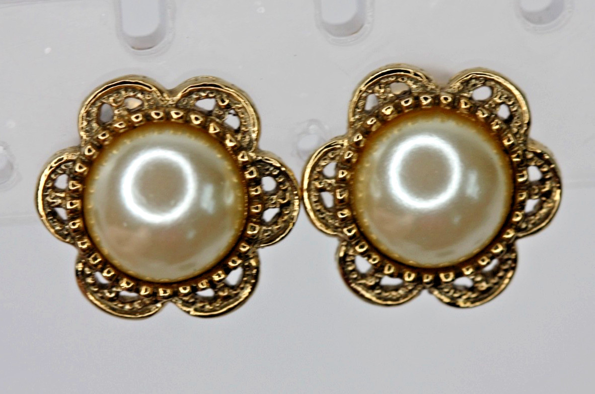 1928 Brand Faux Pearl Cabochon Earrings Ornate Victorian Revival Flower Clip on