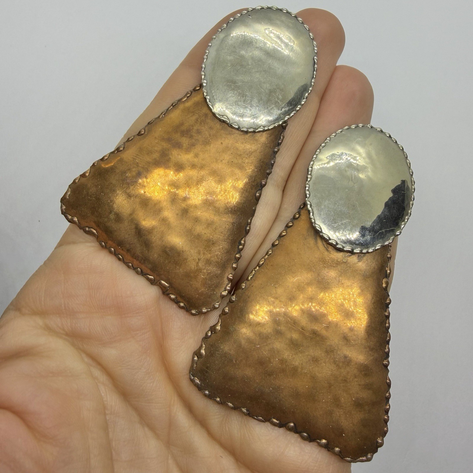Vtg Big Artisan Mixed Metal Brutalist Statement Earrings Geometric Post Hammered