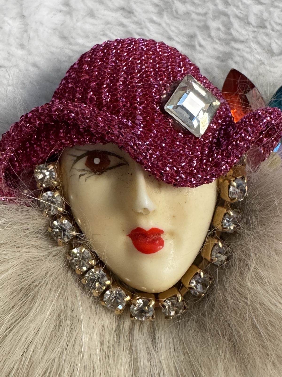 Vintage Bonetto Lady Face Watch Brooch Pin Faux Fur Rhinestone Dangle Watch