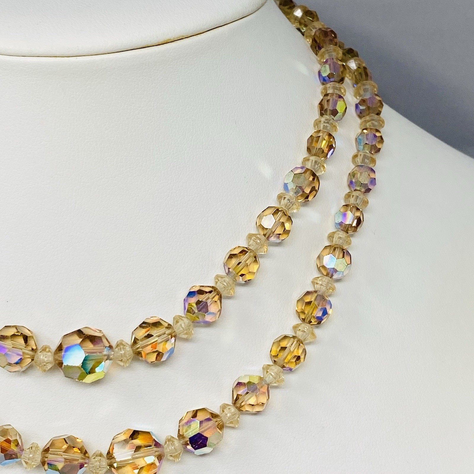 VTG Crystal Beaded Necklace Champagne Aurora Borealis Faceted Double Strand 15″
