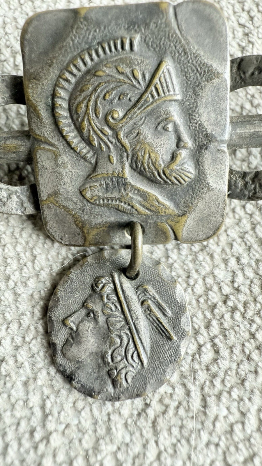 Vintage Greek Revival Warrior Coin Dangle Brooch & Single Earring Set
