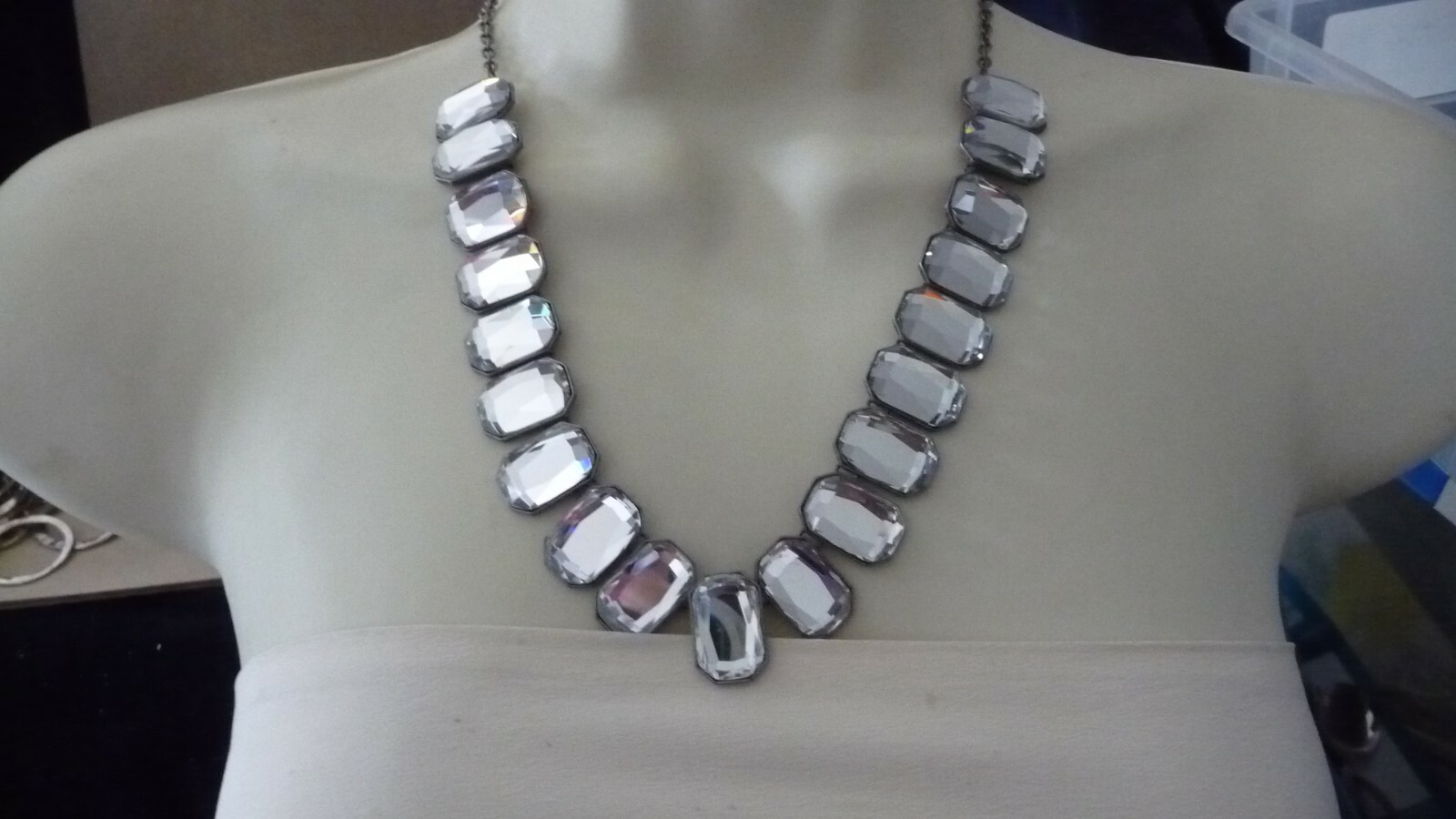 #62 vtg costume NECKLACE Sign Danielle Stevens SILVER TONE w LARGE RHINESTONE