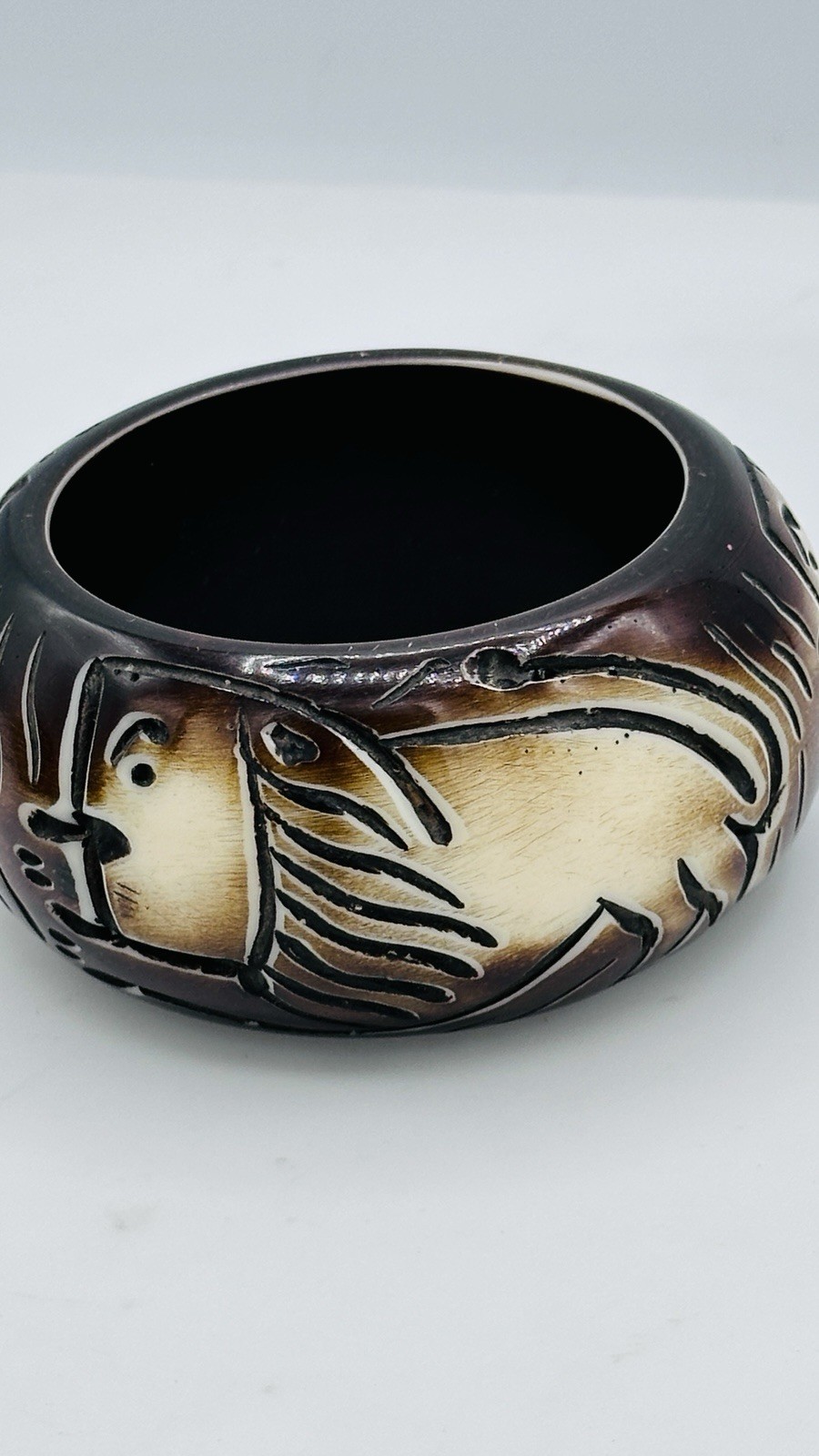 Vintage Wide Carved Bangle Bracelet Tribal Safari Animal Brown Cream Statemen