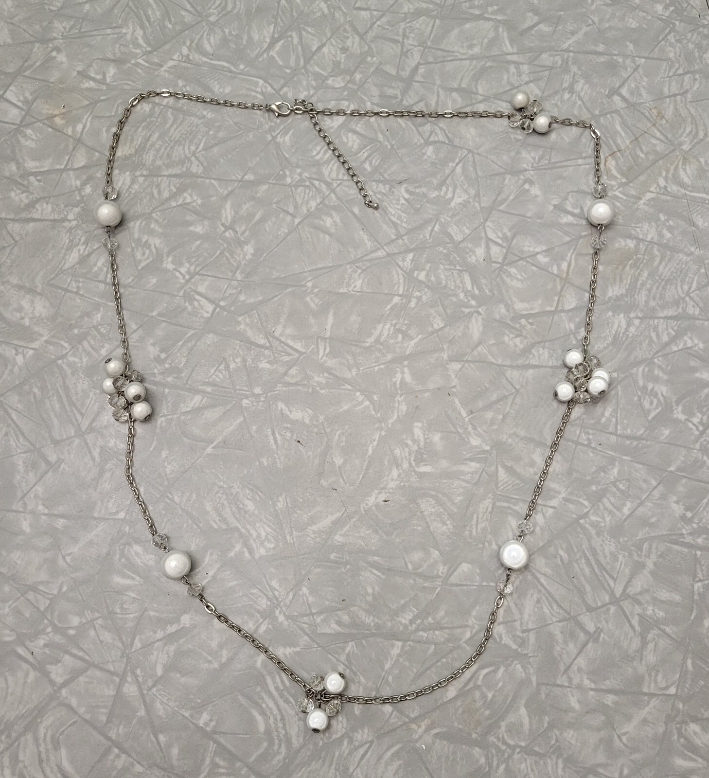 Vintage Estate Silver Tone Faux Pearl Charm Station Statement Necklace ~ 41″