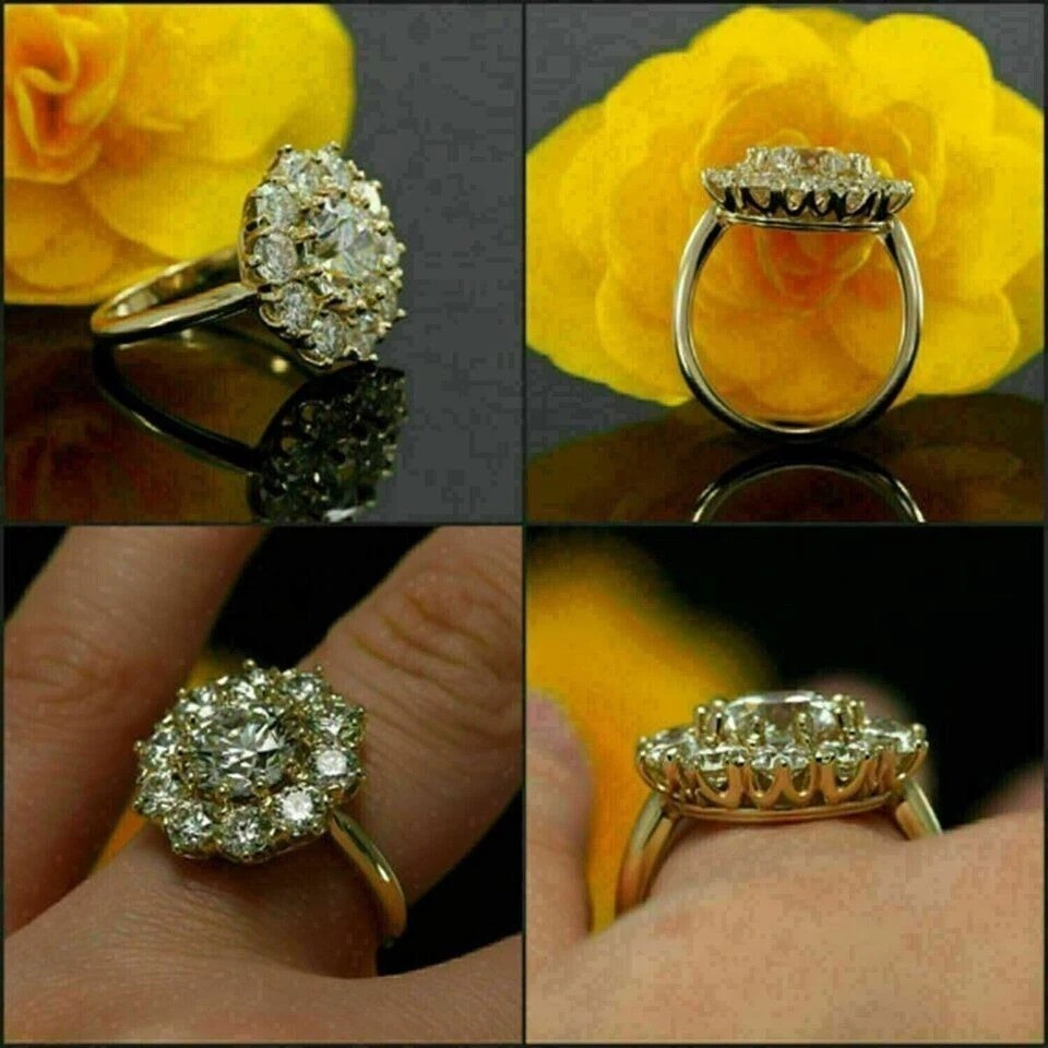 3.25Ct Round Lab Created Diamond Cluster Engagement Wedding 14K Gold Finish Ring