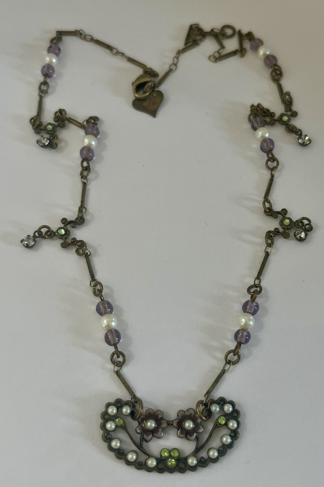 Glass Works Studio Signed Necklace Vintage Hang Tag Flowers Enamel Faux Pearl
