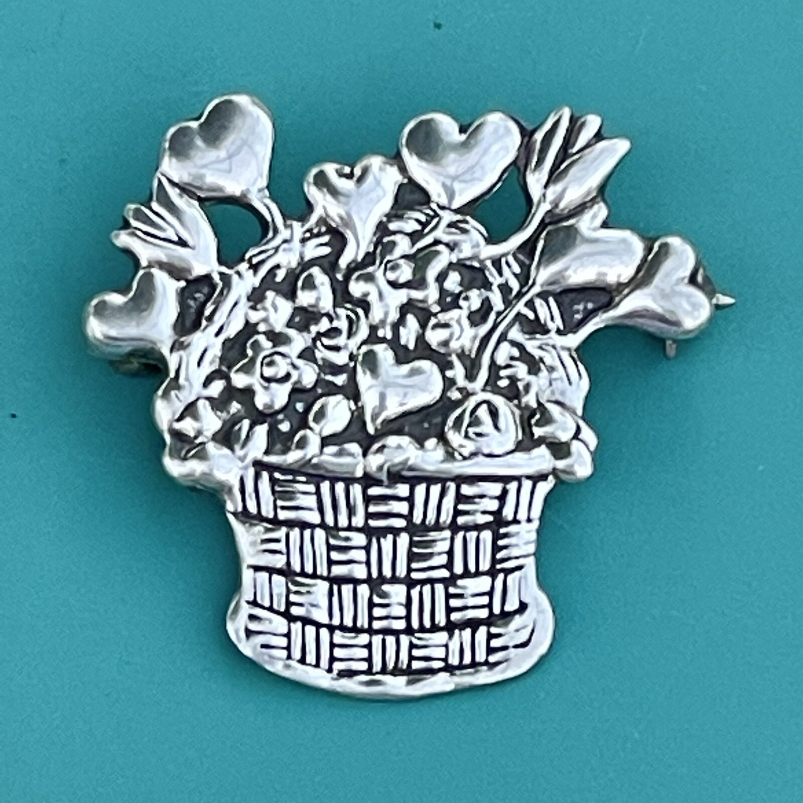 Mary Engelbreit Hearts Flowers Basket Brooch Signed ME 925 Sterling Silver Mex