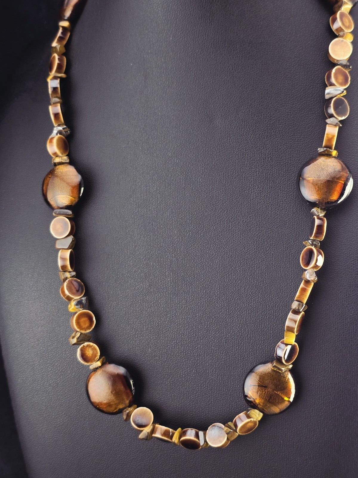 Vintage TIGER’S EYE Glass Goldstone Necklace Chunky BOHO Earthy Statement 21″