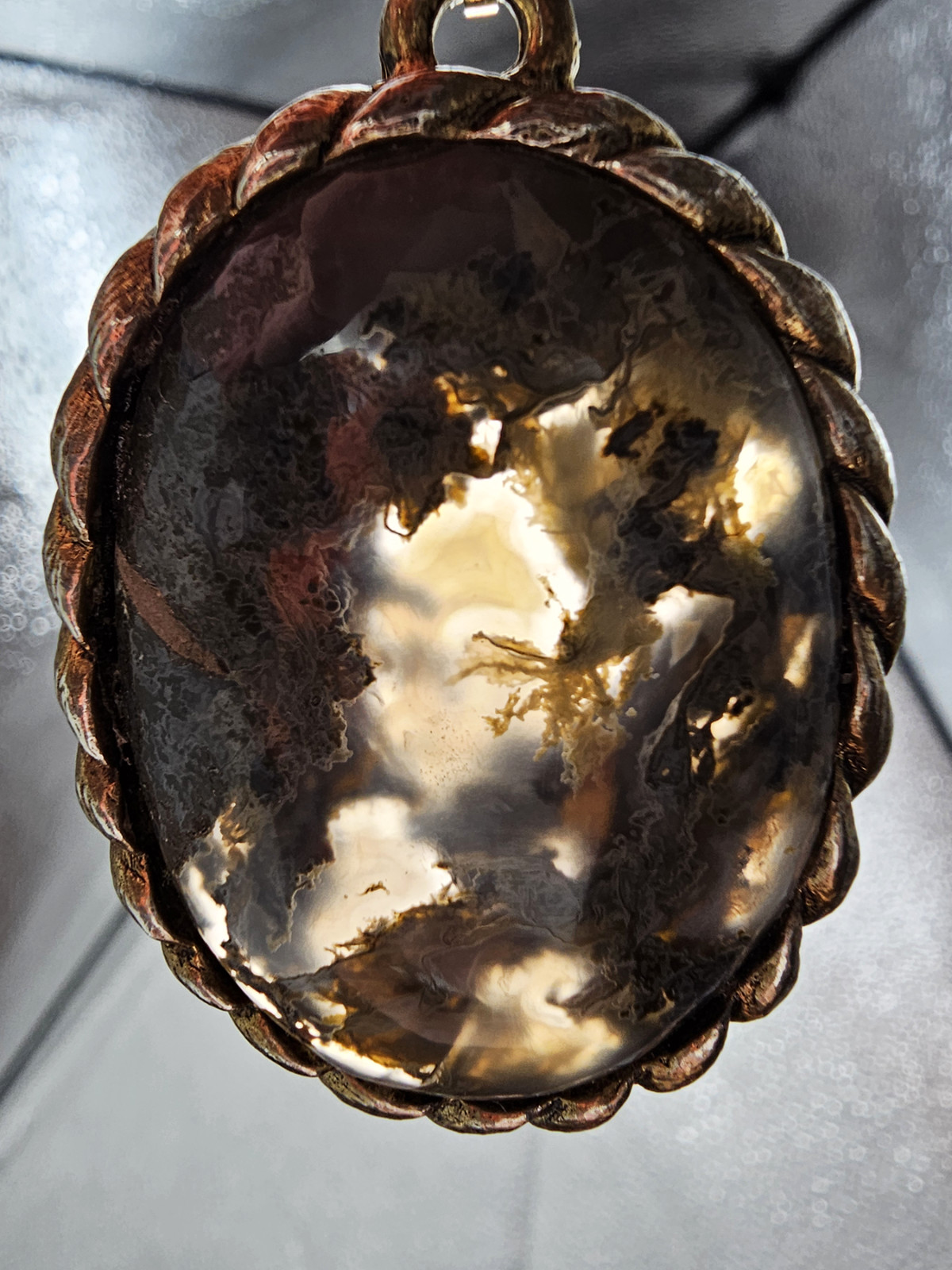 Bronze Tone Oval Moss Agate Cabochon Pendant Victorian Revival Boho Retro