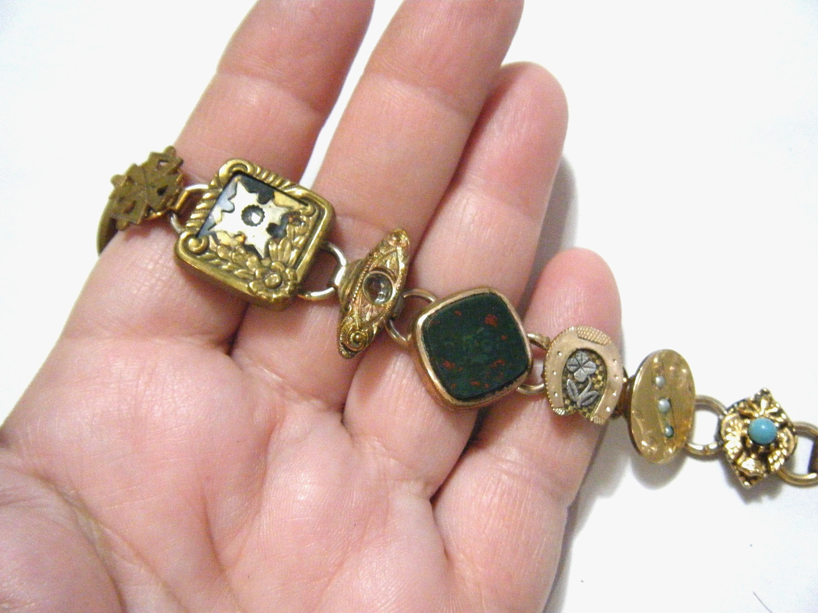 7 3/4″ Long Real Antique Buttons Bracelet Gold Fill Bloodstone Jade Seed Pearls