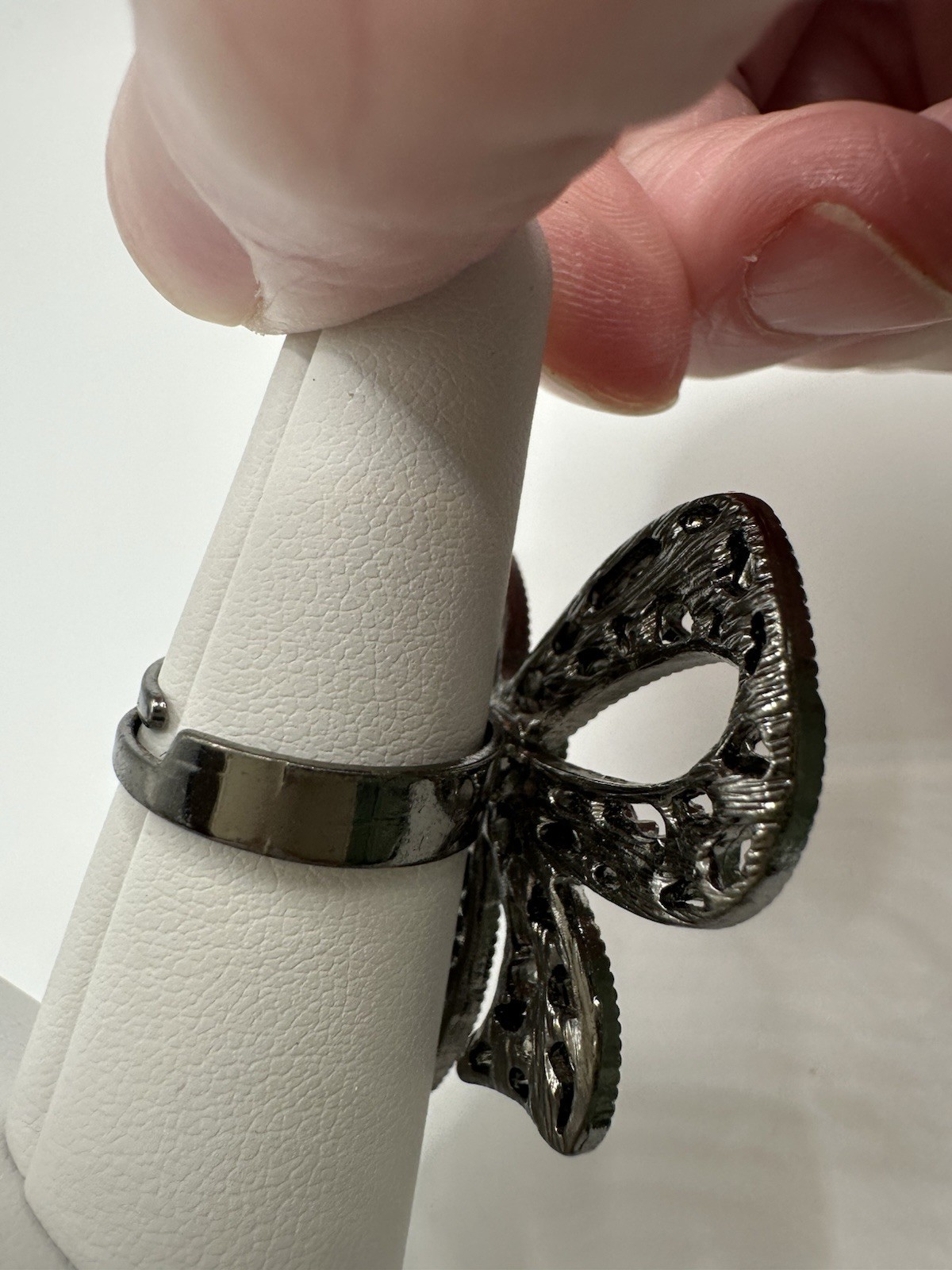 Large Gun Metal Tone Pink/Purple Rhinestone Bow Ring Adjustable